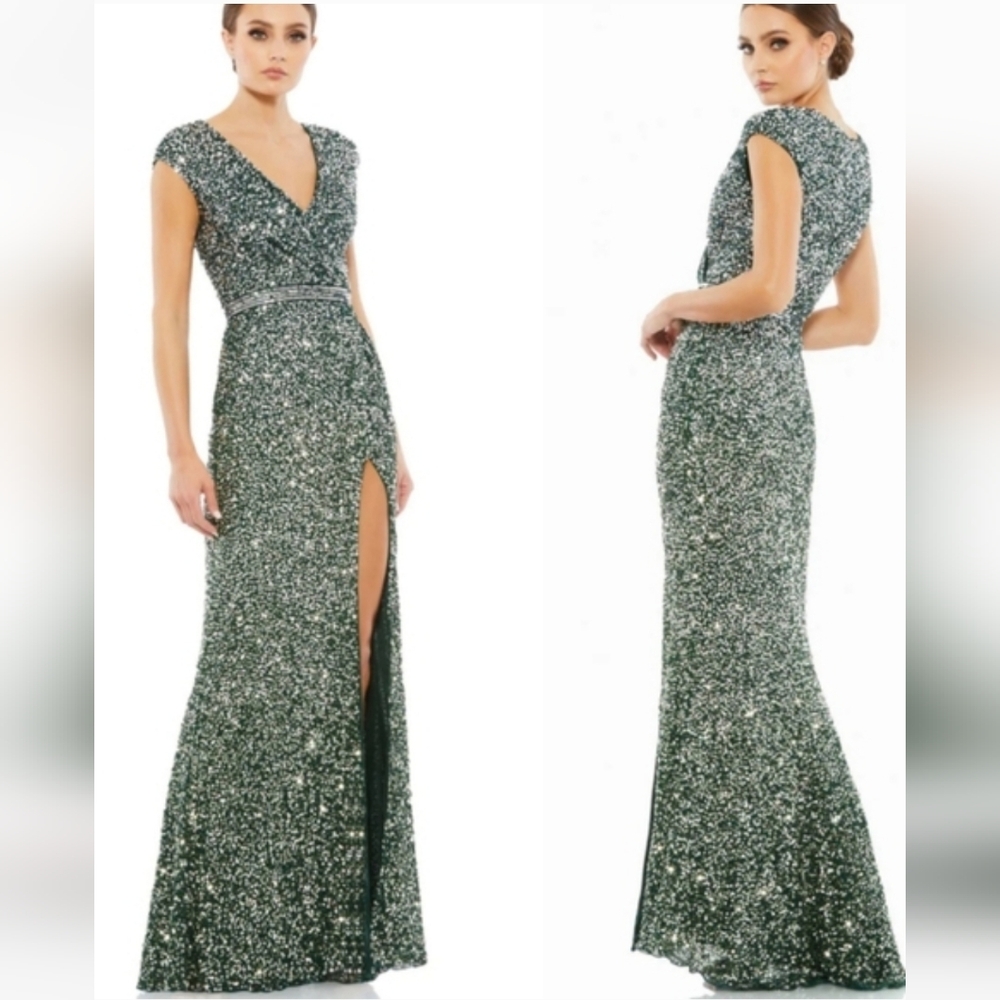NWOT MACDUGGAL CAP SLEEVE SEQUINED HIGH SLIT GOWN - Picture 2 of 12